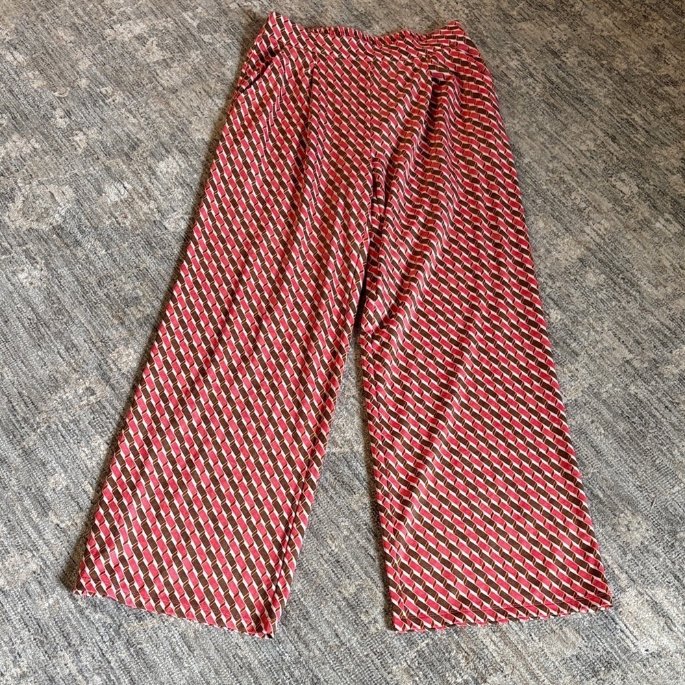 J. McLaughlin Red and Brown Patterned wide leg pants - size small- elastic waist